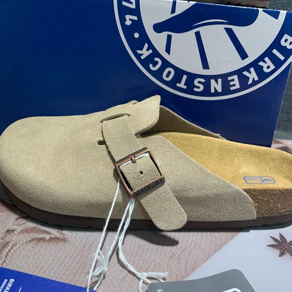 Birkenstock Boston Classic Taupe Suede Leather Unisex Soft Clog Shoes - Picture 3 of 5
